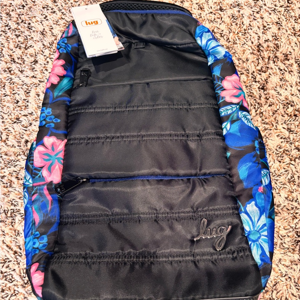 Lug Hopper Backpack with Pink and Blue Floral Accents.